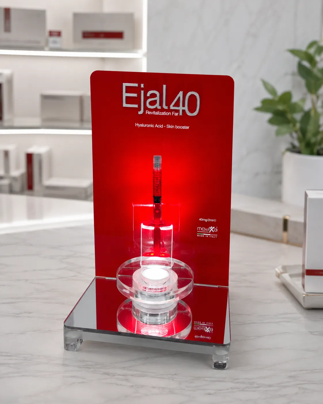 Espositore luminoso da banco per prodotto cosmetico