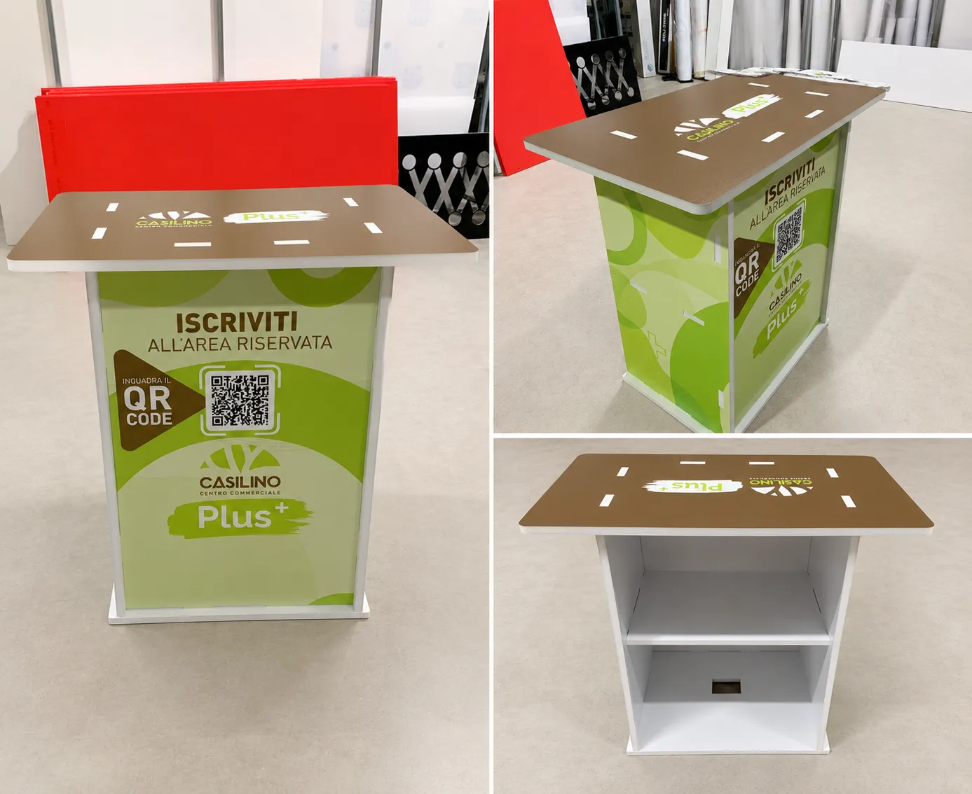 Totem espositivo con piano fresato a CNC