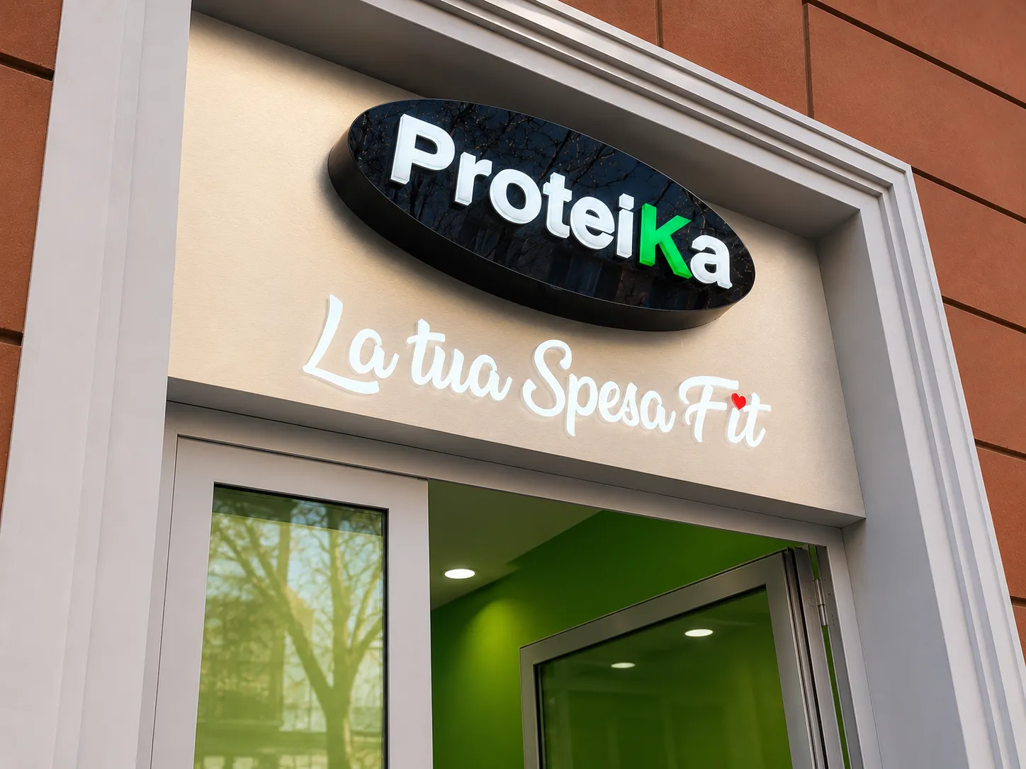 Insegna luminosa ProteiKa su facciata di negozio